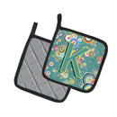 Letter K Circle Circle Teal Initial Alphabet Pot Holder Set of 2 Heat Resistant Quilted Hot Pads 7.5 x 7.5 Inch, Insulated Kitchen Trivets for Cooking & Baking