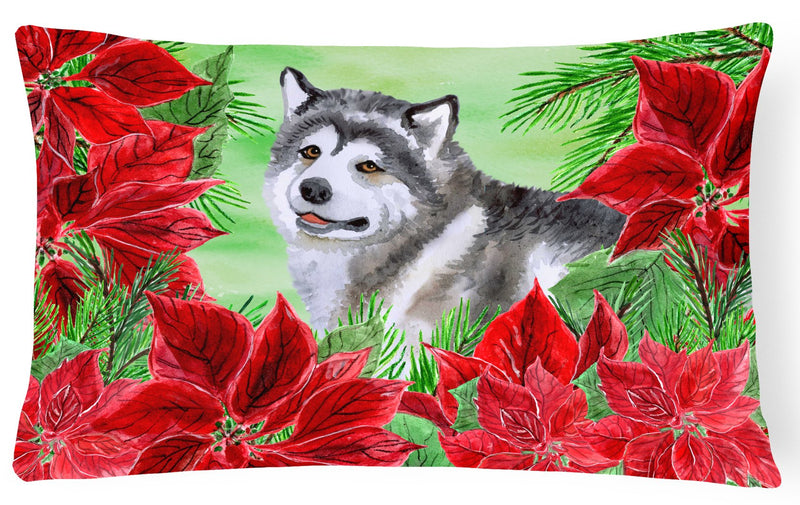 Alaskan Malamute Poinsettas Canvas Fabric Decorative Pillow CK1287PW1216