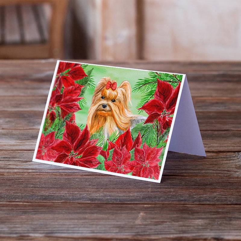 Yorkshire Terrier Poinsettas Greeting Cards and Envelopes Pack of 8