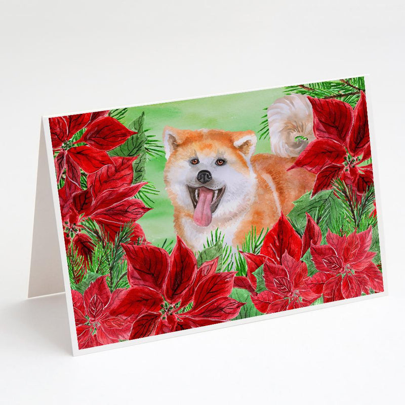 Akita Poinsettas Greeting Cards and Envelopes Pack of 8