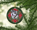 Alaskan Malamute Poinsetta Wreath Ornament - Round Ceramic Ornament – Artist-Designed Keepsake Decoration