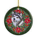 Alaskan Malamute Poinsetta Wreath Ornament - Round Ceramic Ornament – Artist-Designed Keepsake Decoration