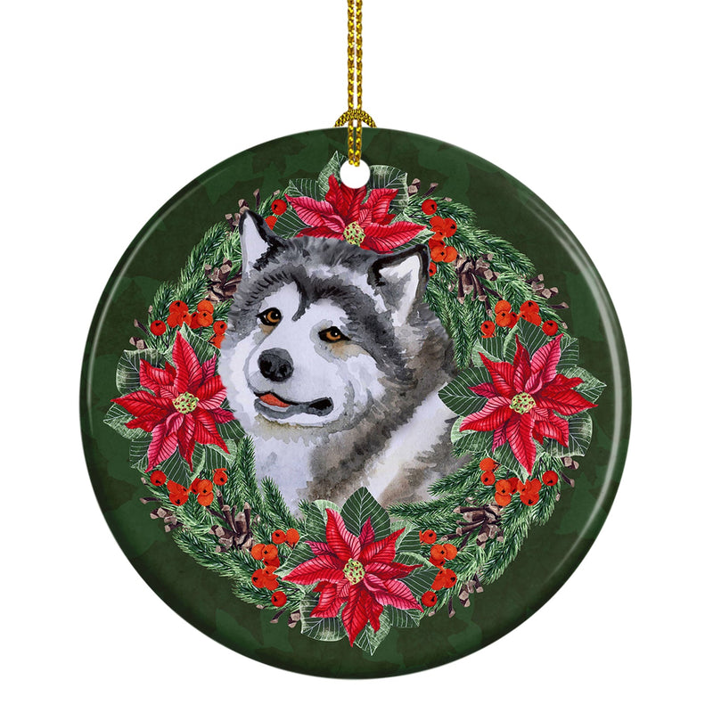 Alaskan Malamute Poinsetta Wreath Ornament - Round Ceramic Ornament – Artist-Designed Keepsake Decoration