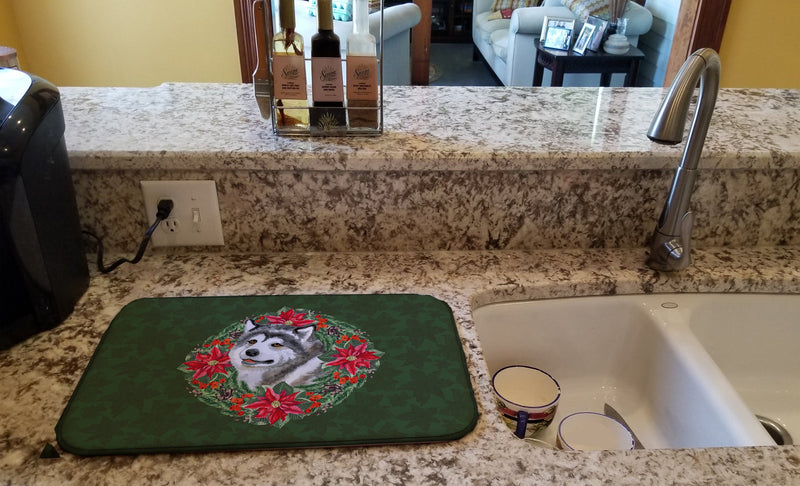 Alaskan Malamute Poinsetta Wreath Dish Drying Mat – Absorbent, Artistic Kitchen Essentials CK1504DDM