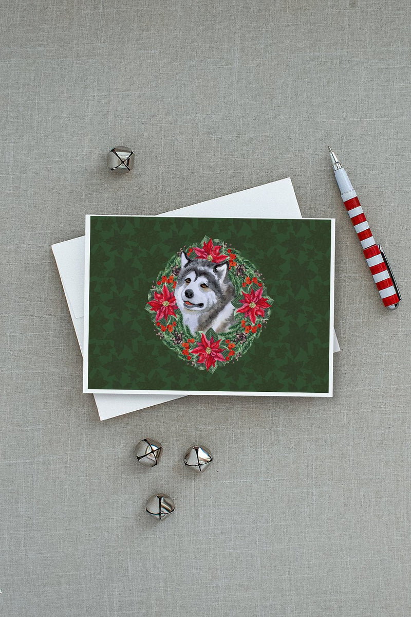 Alaskan Malamute Poinsetta Wreath Greeting Cards and Envelopes Pack of 8