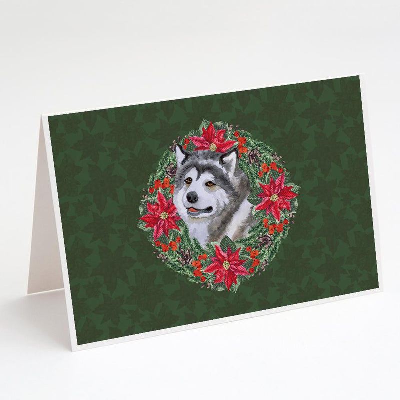 Alaskan Malamute Poinsetta Wreath Greeting Cards and Envelopes Pack of 8