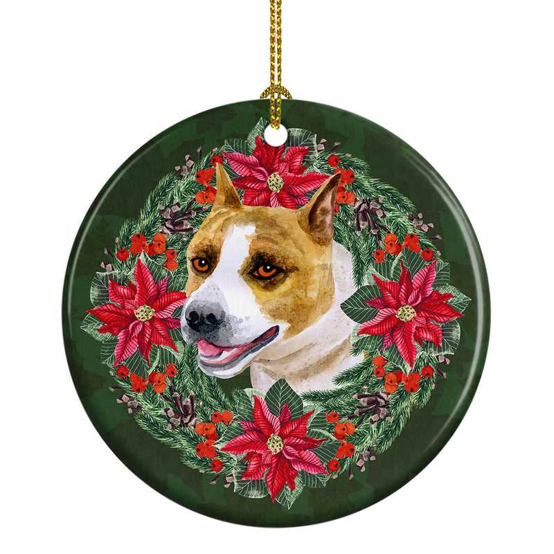 American Staffordshire Poinsetta Wreath Ornament - Round Ceramic Ornament – Artist-Designed Keepsake Decoration