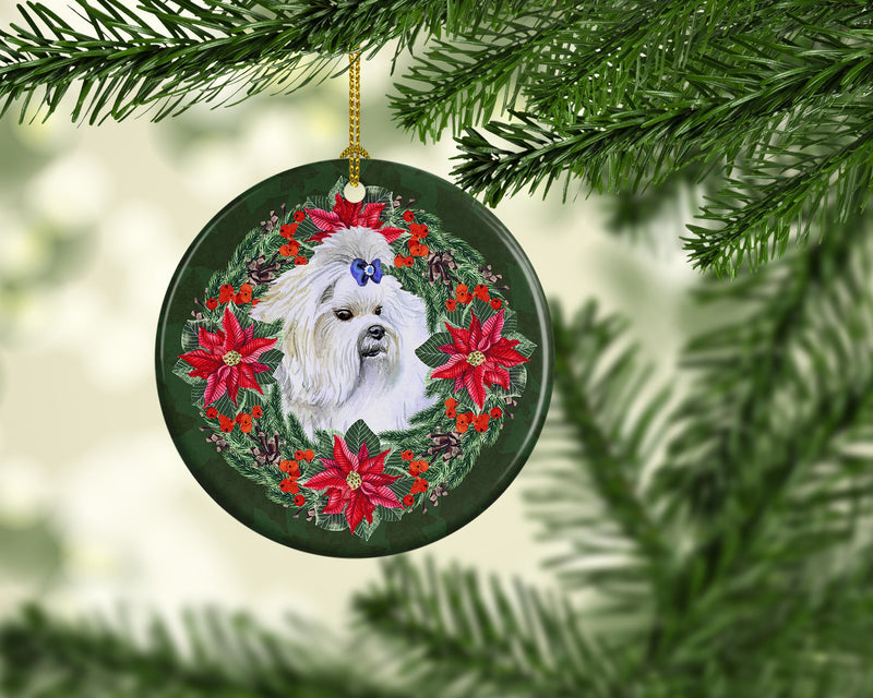 Maltese Poinsetta Wreath Ornament - Round Ceramic Ornament – Artist-Designed Keepsake Decoration