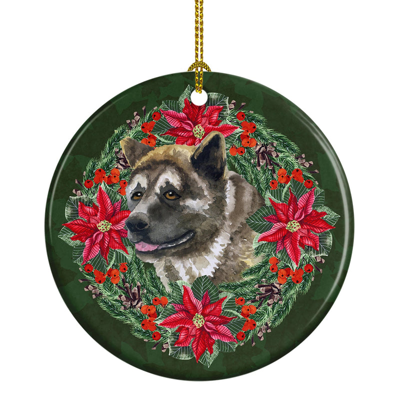 American Akita Poinsetta Wreath Ornament - Round Ceramic Ornament – Artist-Designed Keepsake Decoration