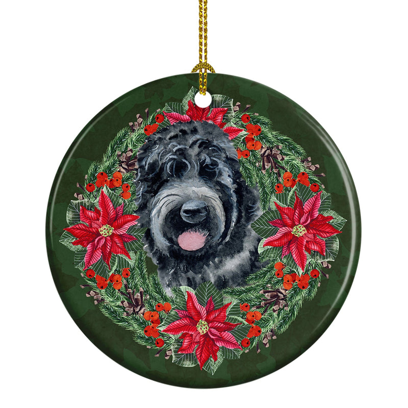 Black Russian Terrier Poinsetta Wreath Ornament - Round Ceramic Ornament – Artist-Designed Keepsake Decoration