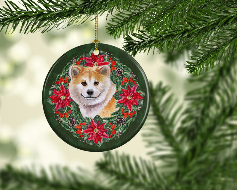 Shiba Inu Poinsetta Wreath Ornament - Round Ceramic Ornament – Artist-Designed Keepsake Decoration