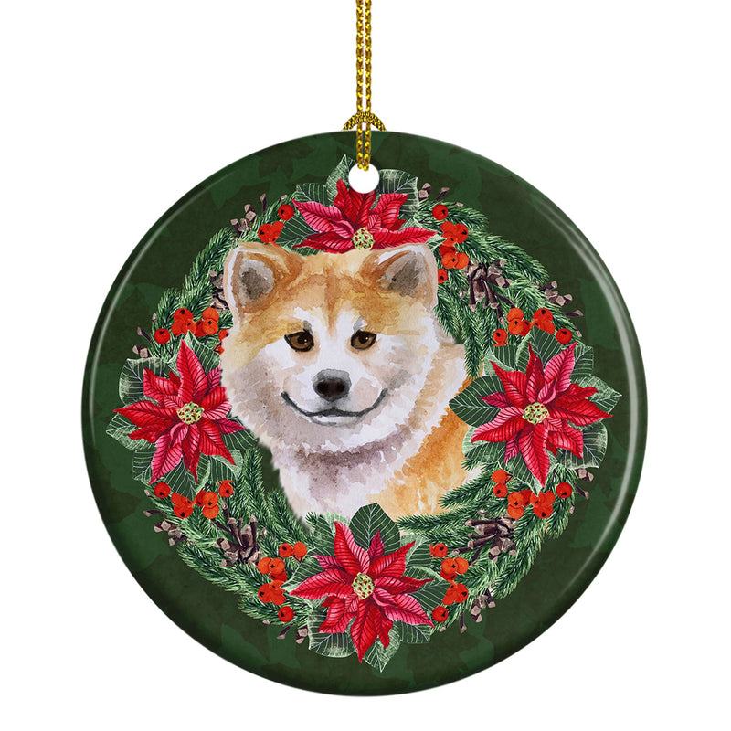 Shiba Inu Poinsetta Wreath Ornament - Round Ceramic Ornament – Artist-Designed Keepsake Decoration