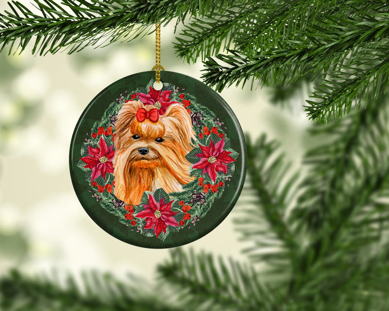 Yorkshire Terrier Poinsetta Wreath Ceramic Ornament