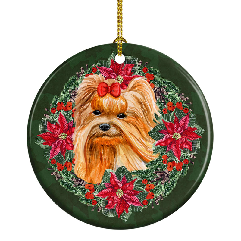 Yorkshire Terrier Poinsetta Wreath Ceramic Ornament