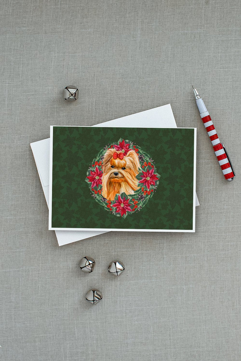 Yorkshire Terrier Poinsetta Wreath Greeting Cards and Envelopes Pack of 8