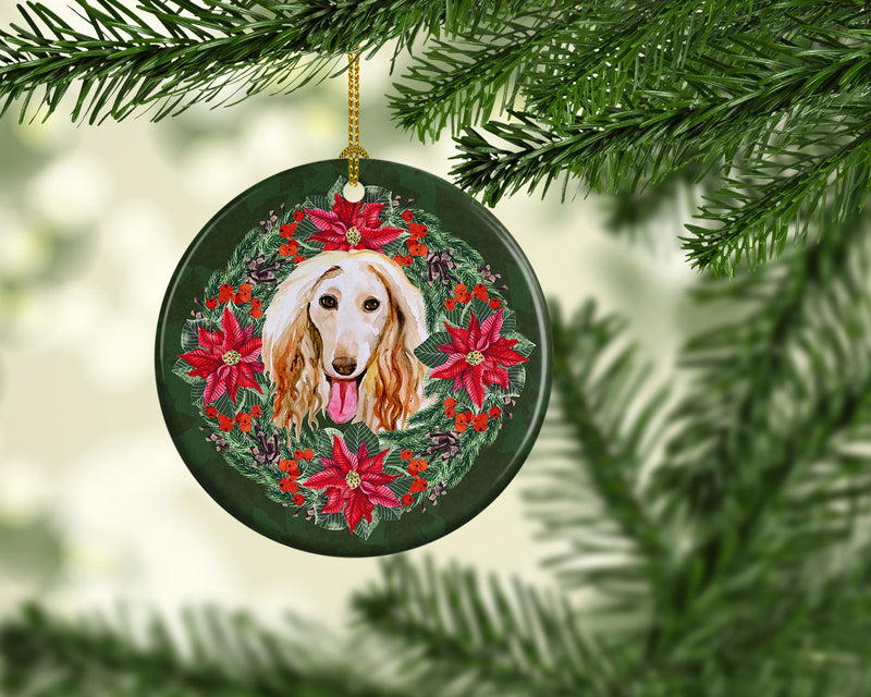 Afghan Hound Poinsetta Wreath Ornament - Round Ceramic Ornament – Artist-Designed Keepsake Decoration
