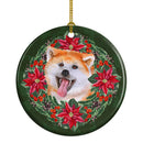 Akita Poinsetta Wreath Ornament - Round Ceramic Ornament – Artist-Designed Keepsake Decoration