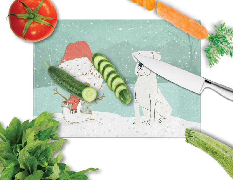 White Boxer and Snowman Christmas Glass Cutting Board Large CK2034LCB