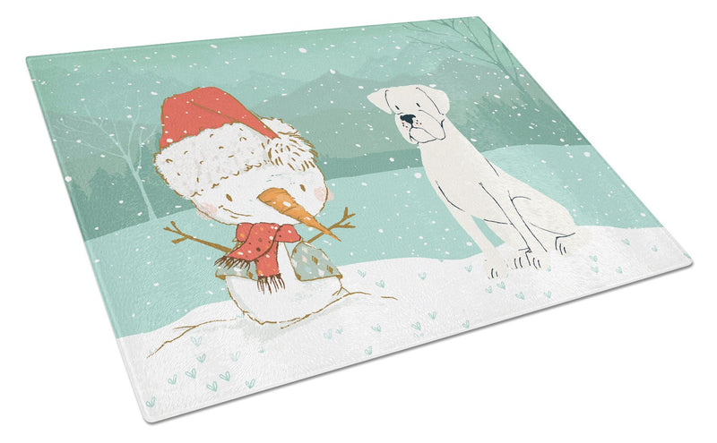 White Boxer and Snowman Christmas Glass Cutting Board Large CK2034LCB