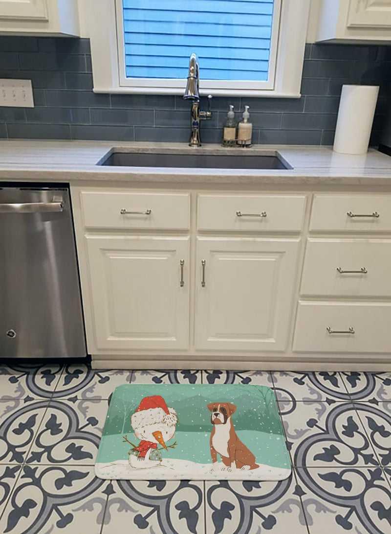 Fawn Boxer and Snowman Christmas Machine Washable Memory Foam Mat CK2036RUG