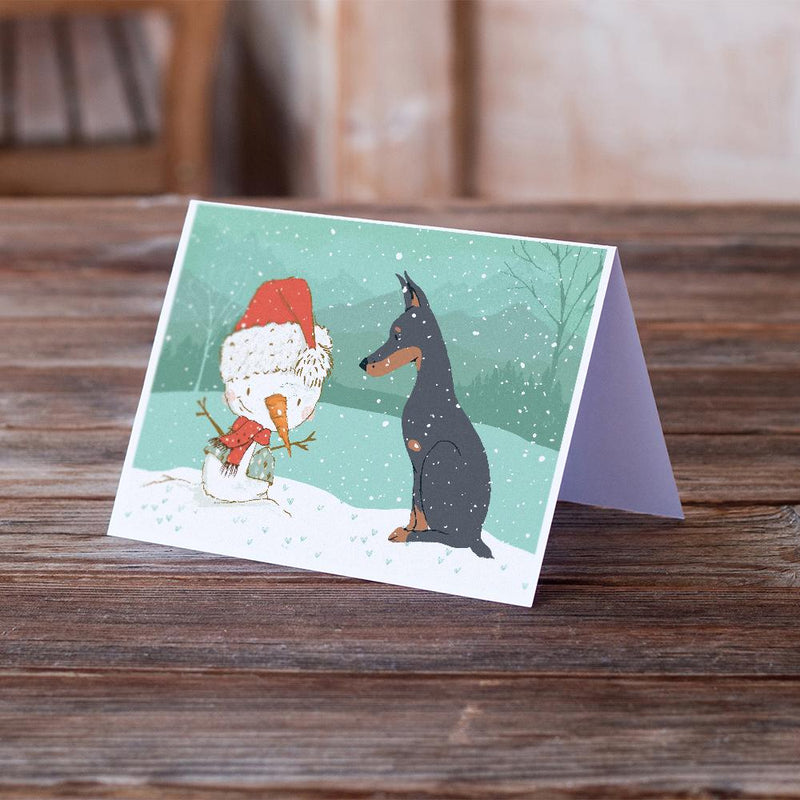 Doberman and Snowman Christmas Greeting Cards and Envelopes Pack of 8