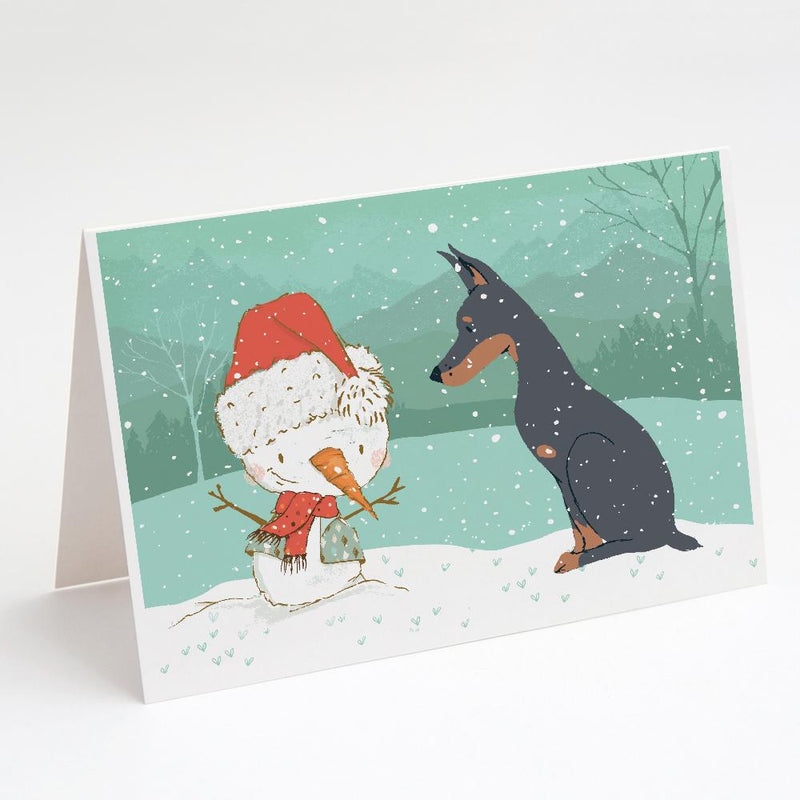 Doberman and Snowman Christmas Greeting Cards and Envelopes Pack of 8