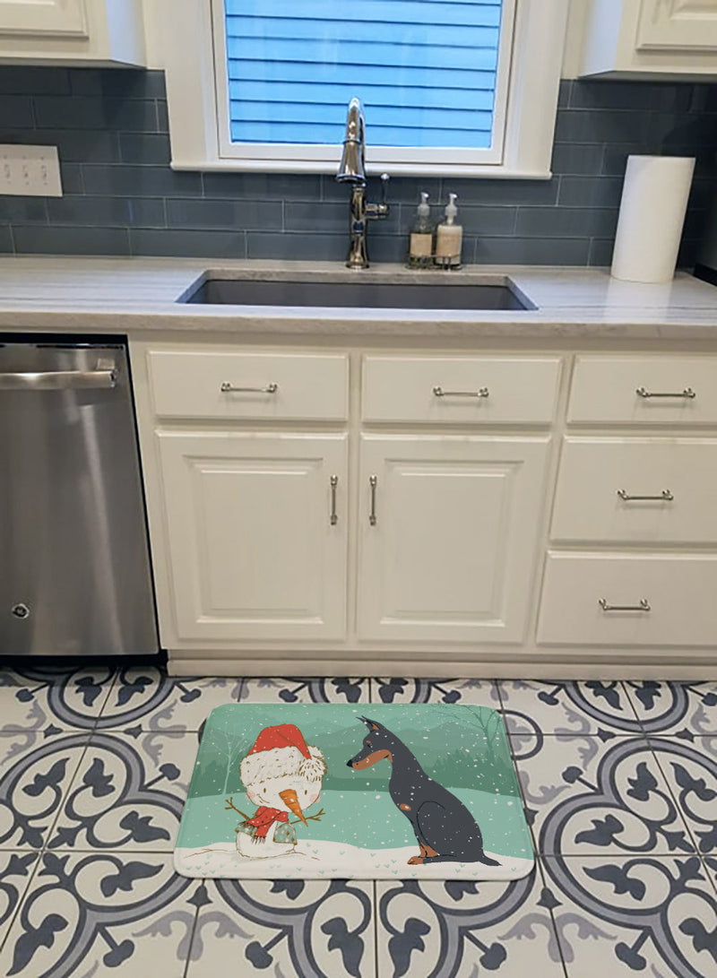 Doberman and Snowman Christmas Machine Washable Memory Foam Mat CK2038RUG