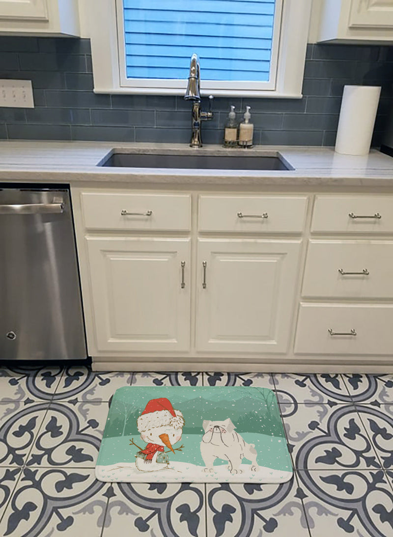 White English Bulldog Snowman Christmas Machine Washable Memory Foam Mat CK2054RUG