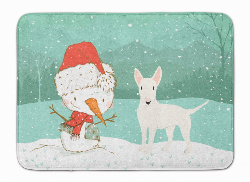 White Bull Terrier Snowman Christmas Machine Washable Memory Foam Mat CK2058RUG