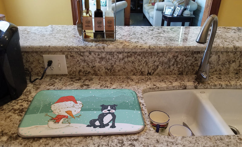 Black Staffie Snowman Christmas Dish Drying Mat – Absorbent, Artistic Kitchen Essentials CK2075DDM