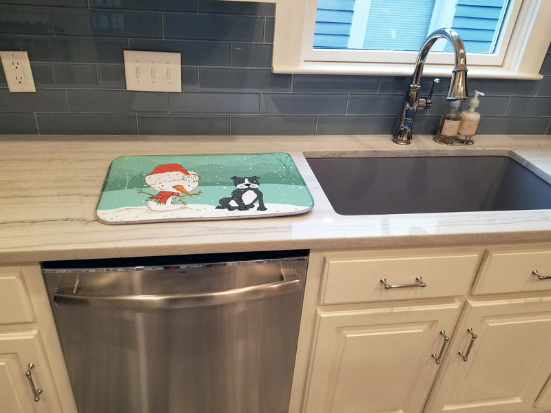 Black Staffie Snowman Christmas Dish Drying Mat – Absorbent, Artistic Kitchen Essentials CK2075DDM