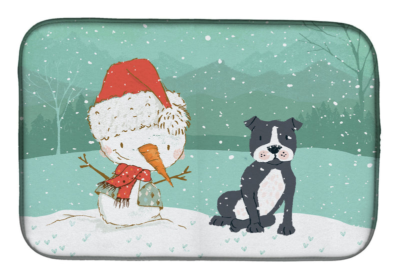 Black Staffie Snowman Christmas Dish Drying Mat – Absorbent, Artistic Kitchen Essentials CK2075DDM