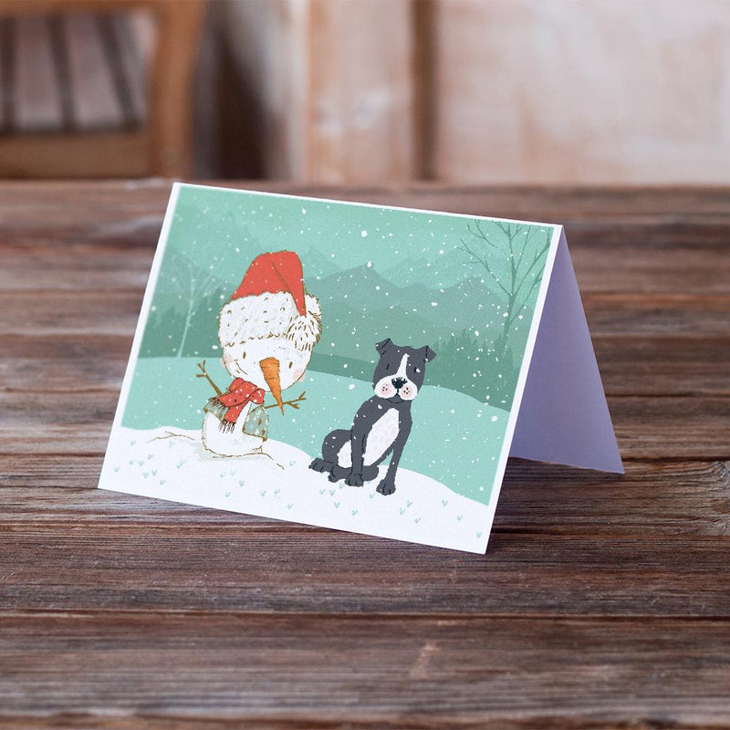Black Staffie Snowman Christmas Greeting Cards -  Blank Note Cards – 8-Pack of Artist-Designed Cards with Envelopes
