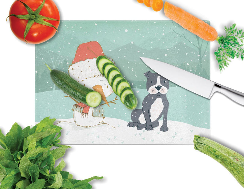 Black Staffie Snowman Christmas Glass Cutting Boards – Durable, Decorative Kitchen Art Large CK2075LCB