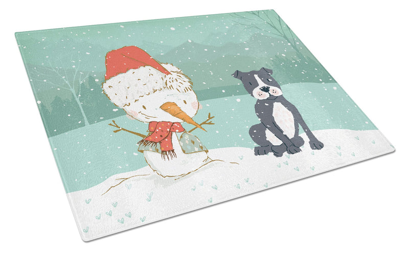 Black Staffie Snowman Christmas Glass Cutting Boards – Durable, Decorative Kitchen Art Large CK2075LCB