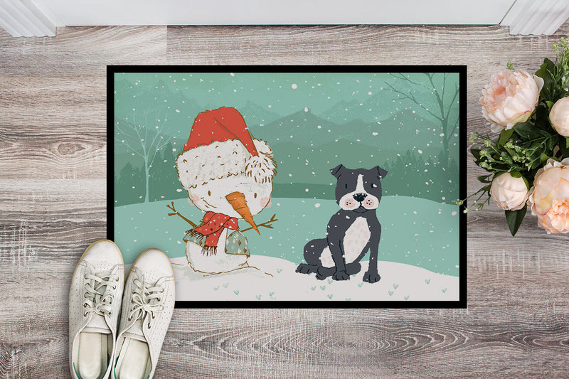 Black Staffie Snowman Christmas Doormat - 18x27 Decorative Floor Mat – Indoor/Outdoor Rug with Artistic Flair CK2075MAT
