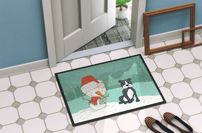 Black Staffie Snowman Christmas Doormat - 18x27 Decorative Floor Mat – Indoor/Outdoor Rug with Artistic Flair CK2075MAT