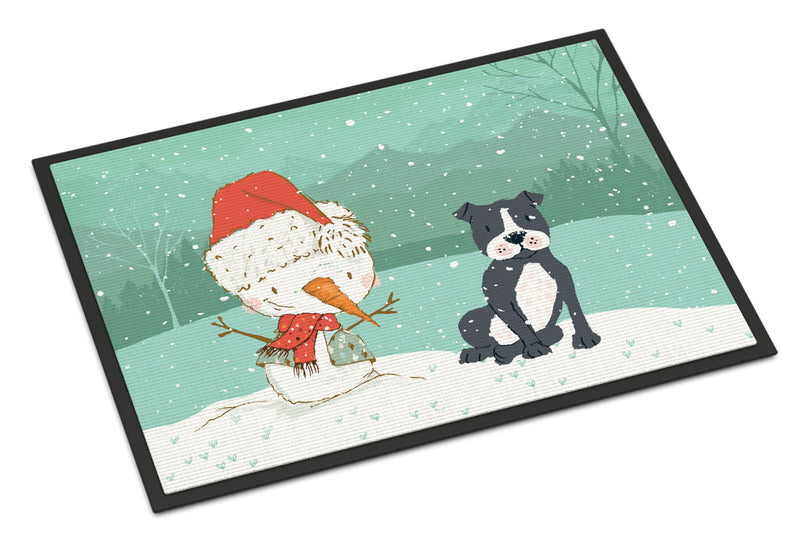 Black Staffie Snowman Christmas Doormat - 18x27 Decorative Floor Mat – Indoor/Outdoor Rug with Artistic Flair CK2075MAT