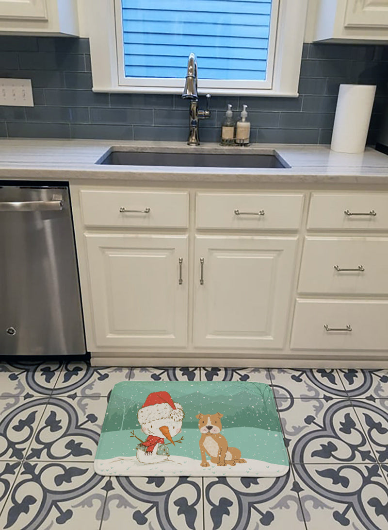 Brown Staffie Snowman Christmas Machine Washable Memory Foam Mat CK2076RUG