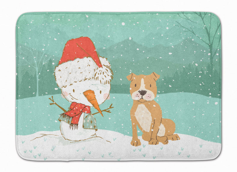 Brown Staffie Snowman Christmas Machine Washable Memory Foam Mat CK2076RUG