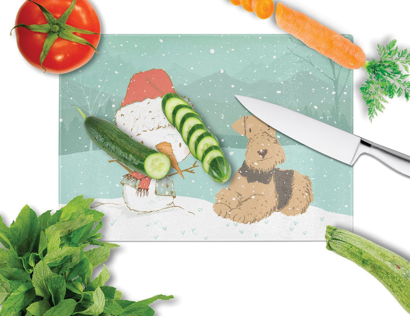 Airedale Terrier Snowman Christmas Glass Cutting Board Large CK2078LCB