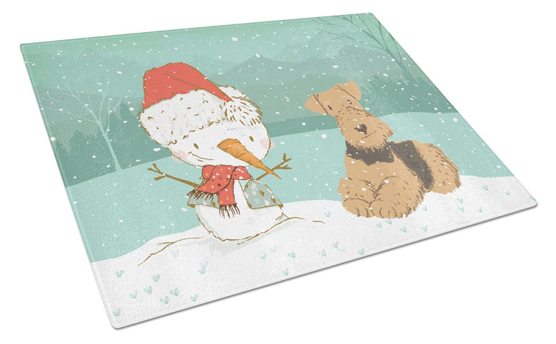 Airedale Terrier Snowman Christmas Glass Cutting Board Large CK2078LCB