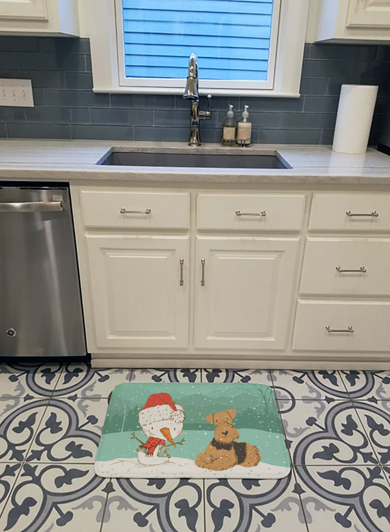 Airedale Terrier Snowman Christmas Machine Washable Memory Foam Mat CK2078RUG