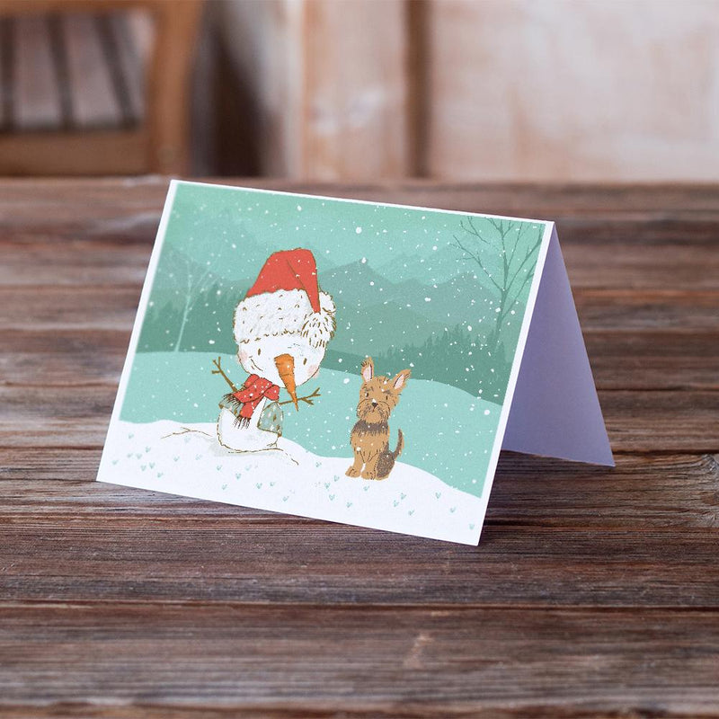 Yorkie Cropped Ears Snowman Christmas Greeting Cards and Envelopes Pack of 8