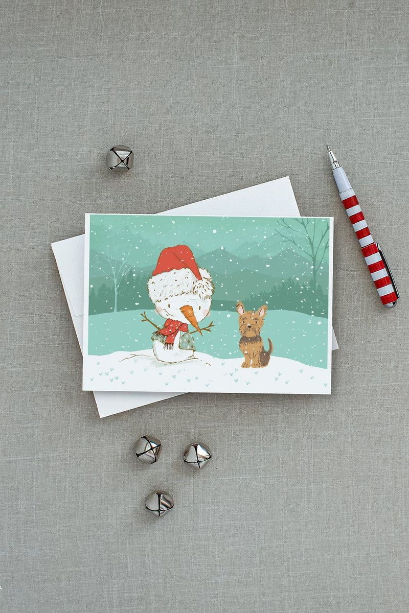 Yorkie Cropped Ears Snowman Christmas Greeting Cards and Envelopes Pack of 8