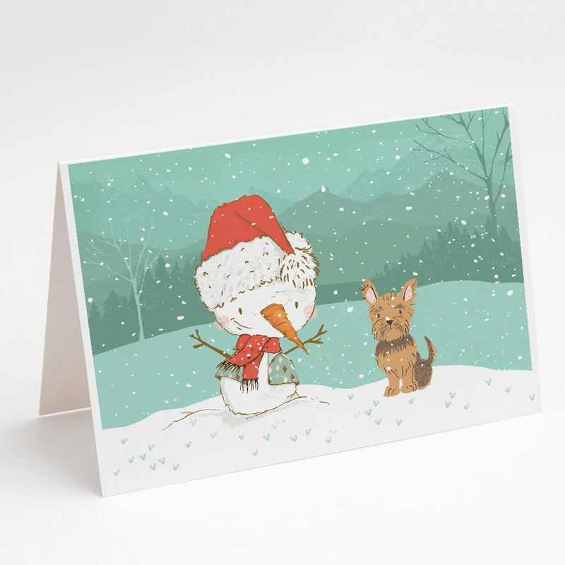 Yorkie Cropped Ears Snowman Christmas Greeting Cards and Envelopes Pack of 8