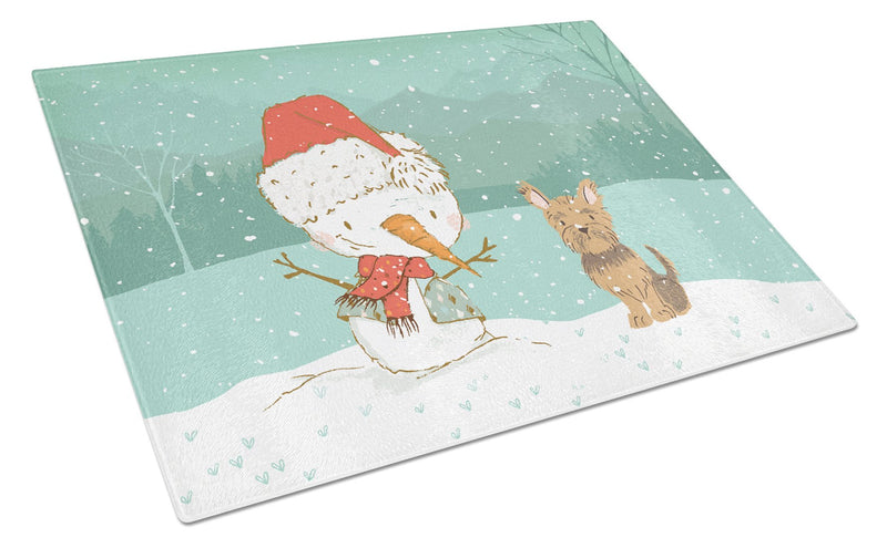 Yorkie Cropped Ears Snowman Christmas Glass Cutting Board Large CK2098LCB