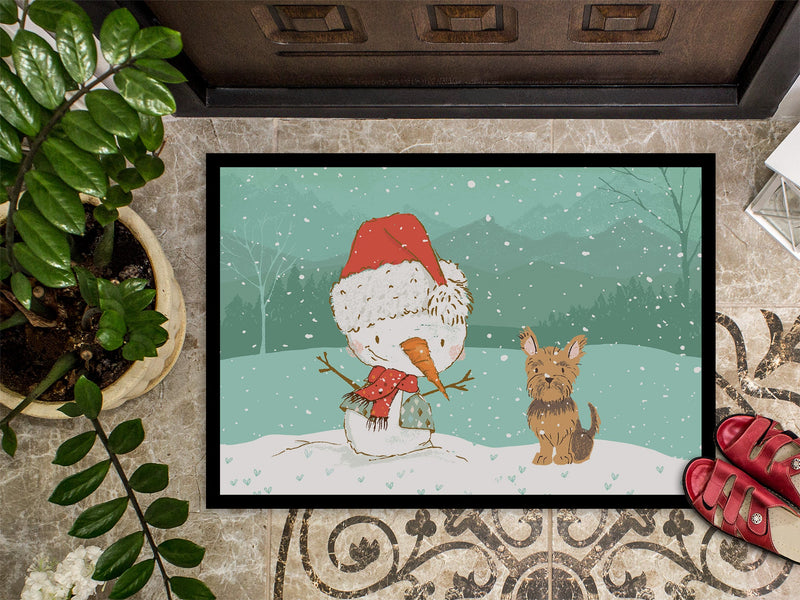 Yorkie Cropped Ears Snowman Christmas Indoor or Outdoor Mat 18x27 CK2098MAT