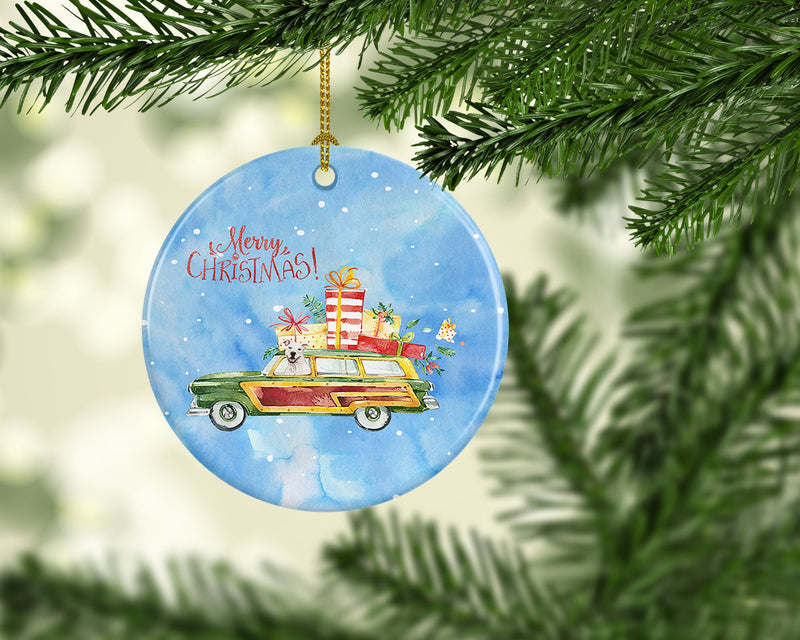 Merry Christmas White Staffordshire Bull Terrier Ornament - Round Ceramic Ornament – Artist-Designed Keepsake Decoration