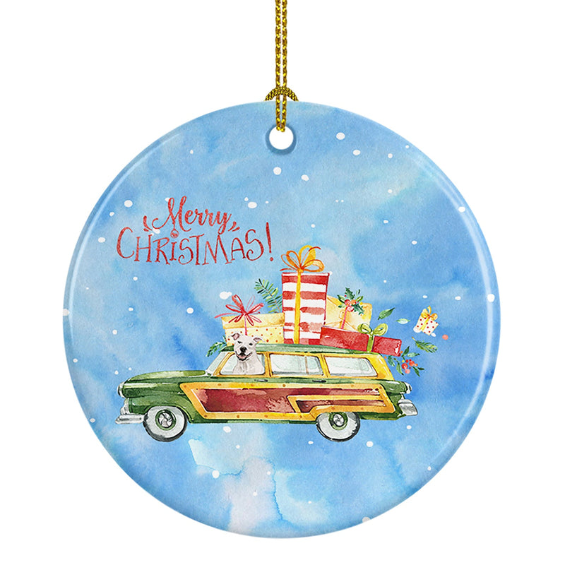 Merry Christmas White Staffordshire Bull Terrier Ornament - Round Ceramic Ornament – Artist-Designed Keepsake Decoration